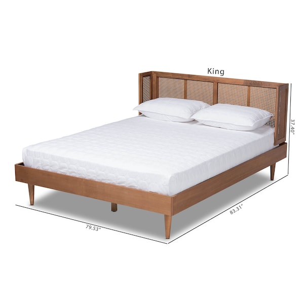 Rina Walnut Finished And Rattan Queen Size Platform Bed With Headboard